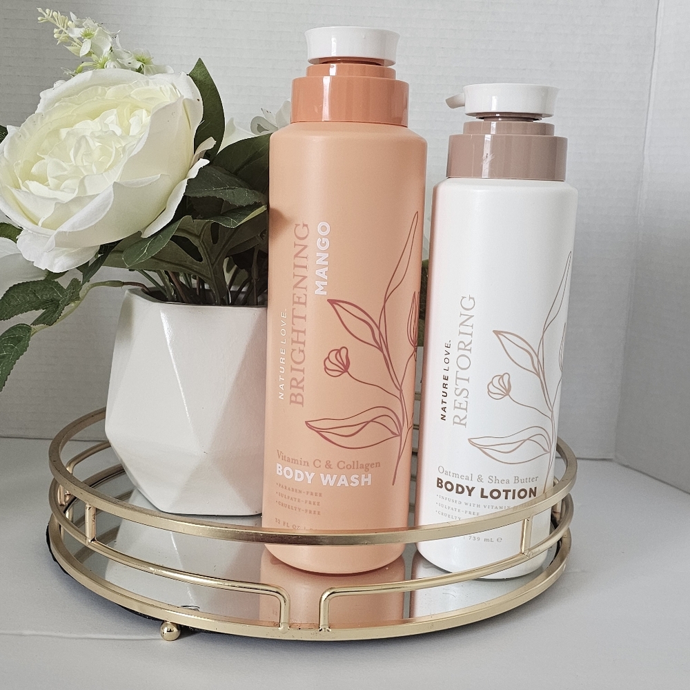 Nature Love Brightening Mango Body Wash 32fl and Restoring Body Lotion 25fl Set